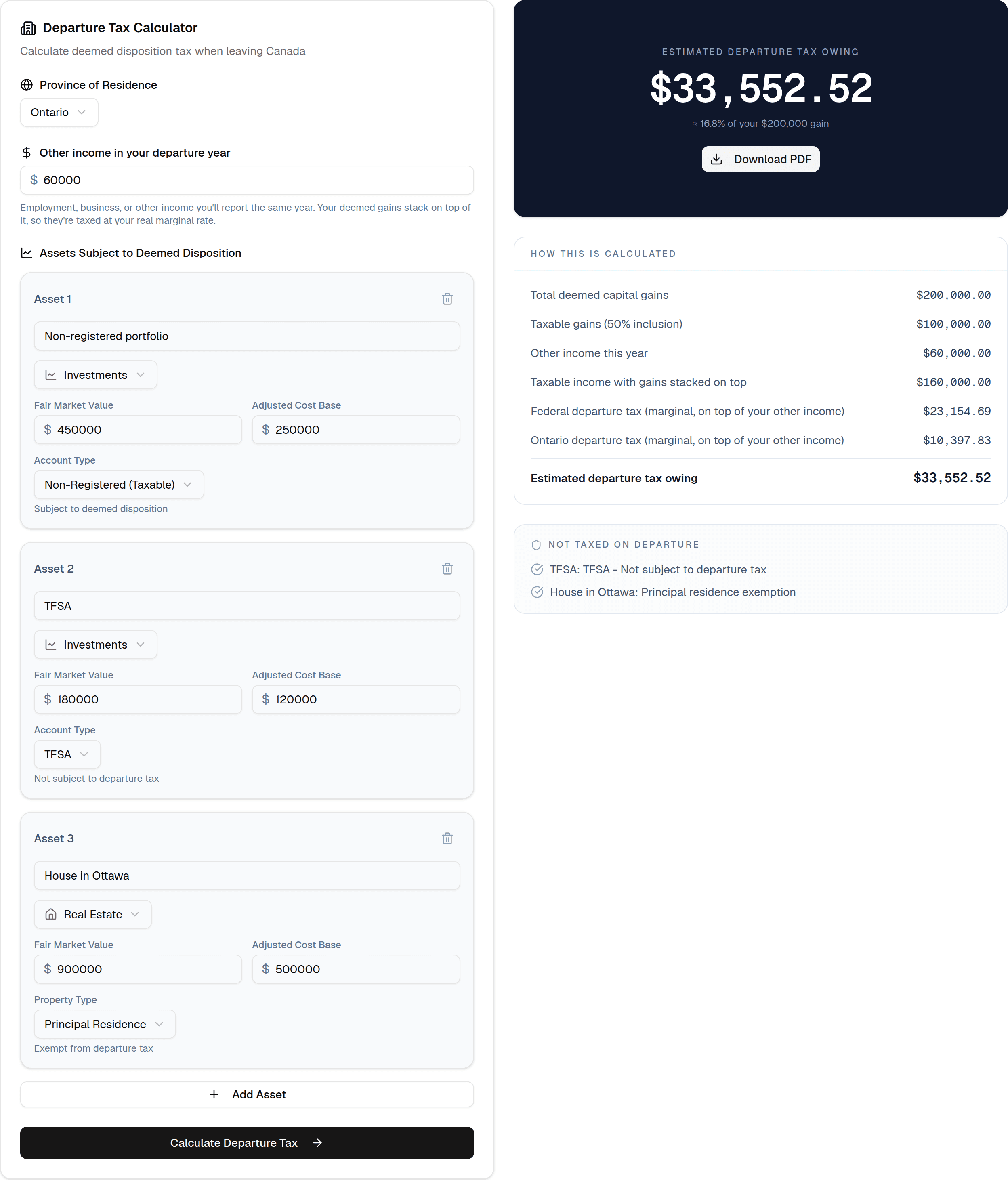 The Expatify departure tax calculator showing a $200,000 deemed gain on a non-registered portfolio producing an estimated $33,552 departure tax, with the TFSA and principal residence listed as not taxed