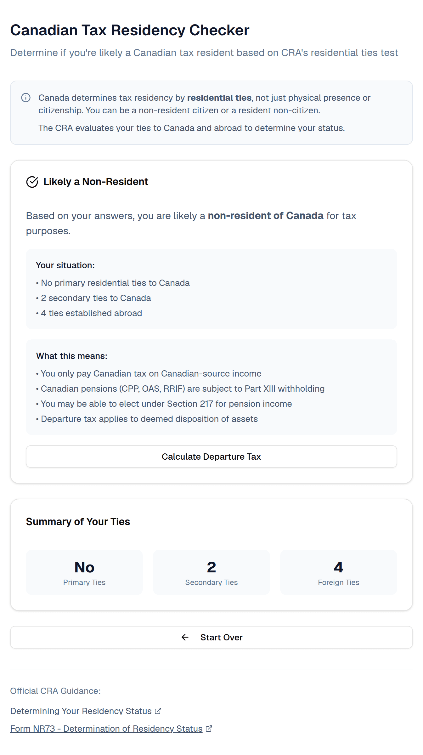 The Expatify tax residency checker showing a "Likely a Non-Resident" result, with a summary of primary, secondary, and foreign ties